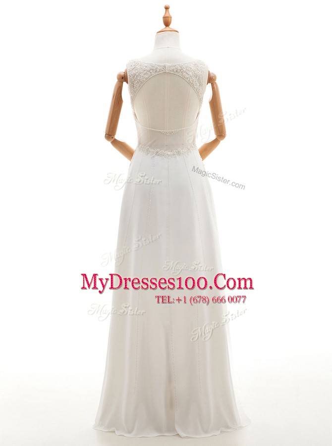 Unique White Silk Like Satin Backless V-neck Sleeveless Floor Length Wedding Dress Beading