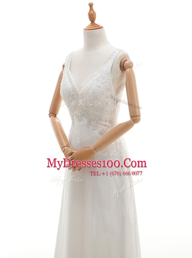 Unique White Silk Like Satin Backless V-neck Sleeveless Floor Length Wedding Dress Beading
