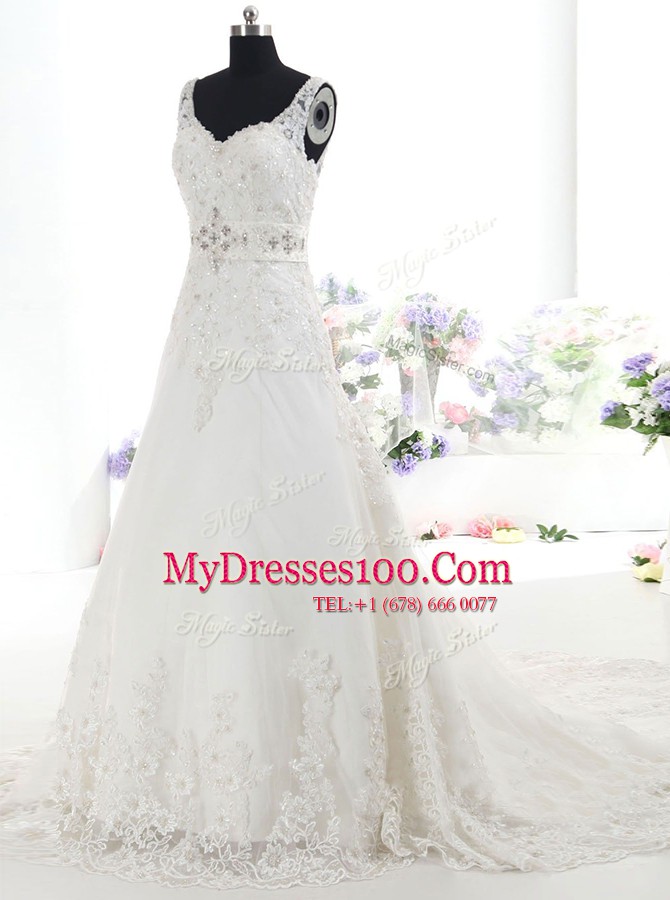 Super White Wedding Dresses Wedding Party and For with Beading and Lace V-neck Sleeveless Brush Train Backless