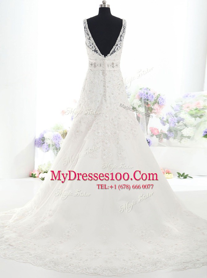 Super White Wedding Dresses Wedding Party and For with Beading and Lace V-neck Sleeveless Brush Train Backless