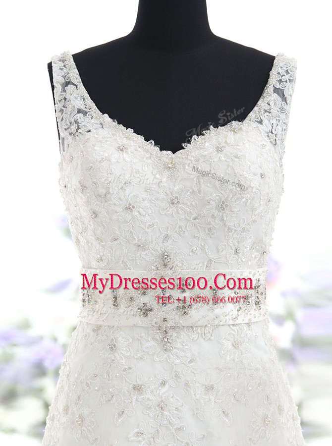 Super White Wedding Dresses Wedding Party and For with Beading and Lace V-neck Sleeveless Brush Train Backless