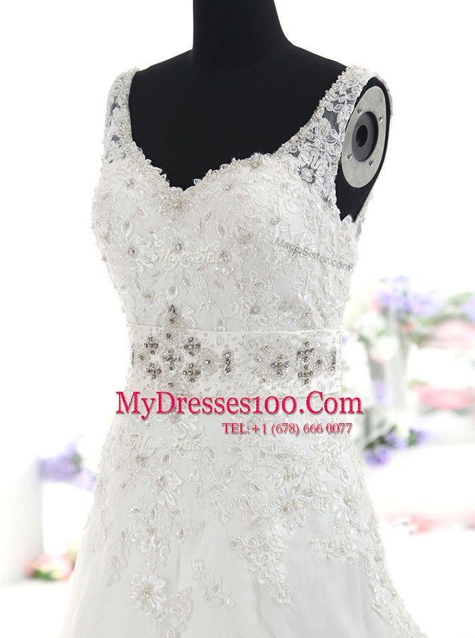 Super White Wedding Dresses Wedding Party and For with Beading and Lace V-neck Sleeveless Brush Train Backless