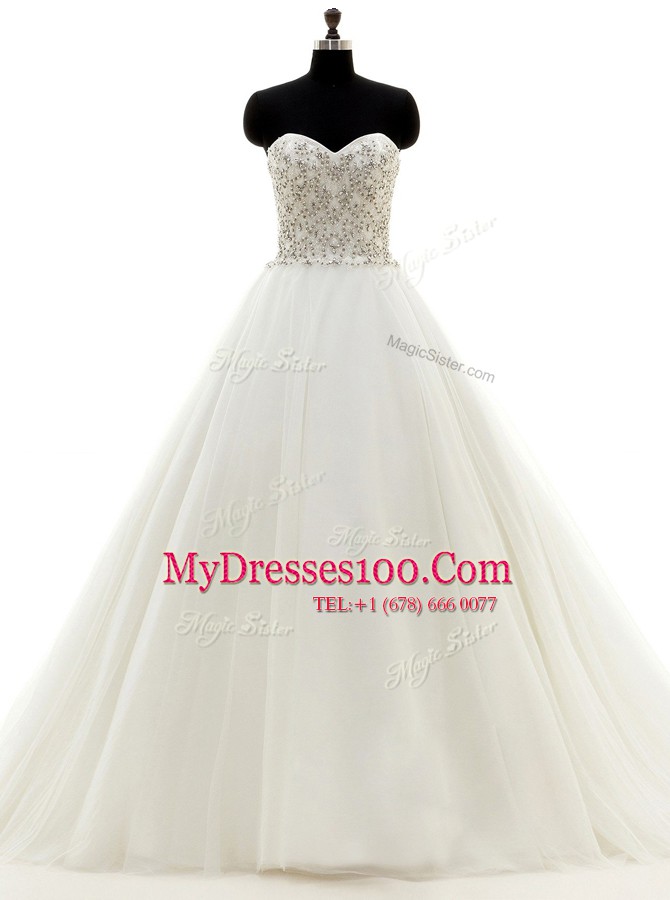 Delicate White Wedding Dress Wedding Party and For with Beading Sweetheart Sleeveless Brush Train Clasp Handle