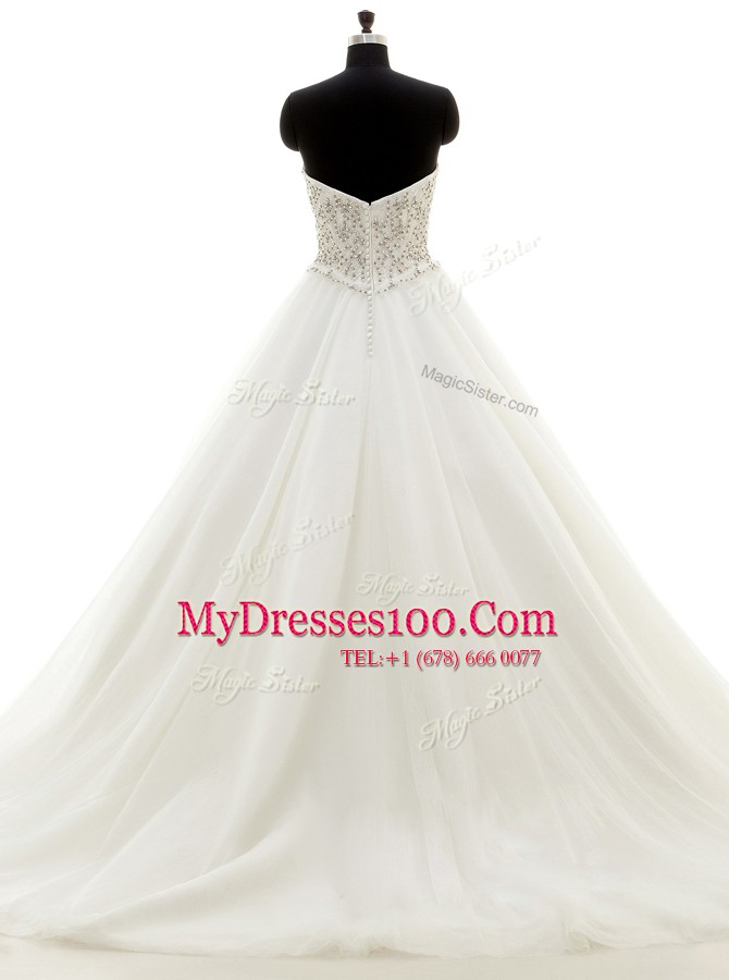 Delicate White Wedding Dress Wedding Party and For with Beading Sweetheart Sleeveless Brush Train Clasp Handle