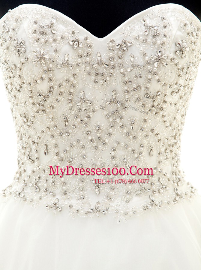 Delicate White Wedding Dress Wedding Party and For with Beading Sweetheart Sleeveless Brush Train Clasp Handle