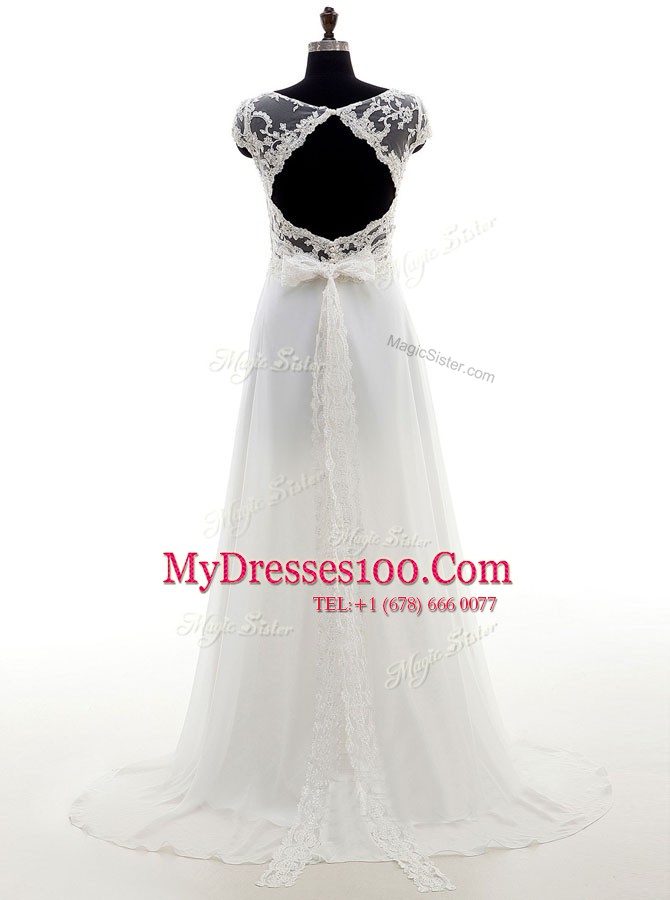 Shining White Chiffon Backless Scoop Sleeveless With Train Bridal Gown Brush Train Lace and Bowknot