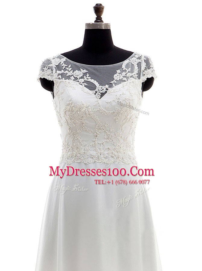 Shining White Chiffon Backless Scoop Sleeveless With Train Bridal Gown Brush Train Lace and Bowknot