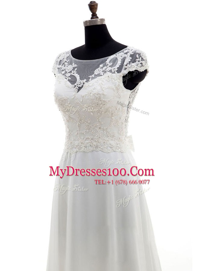 Shining White Chiffon Backless Scoop Sleeveless With Train Bridal Gown Brush Train Lace and Bowknot