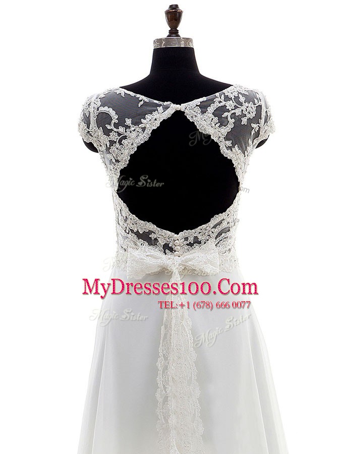Shining White Chiffon Backless Scoop Sleeveless With Train Bridal Gown Brush Train Lace and Bowknot