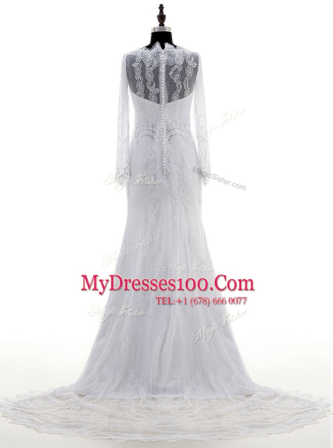 Stunning Lace White Long Sleeves With Train Appliques Zipper Bridal Gown