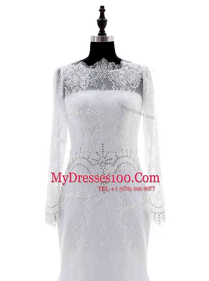 Stunning Lace White Long Sleeves With Train Appliques Zipper Bridal Gown