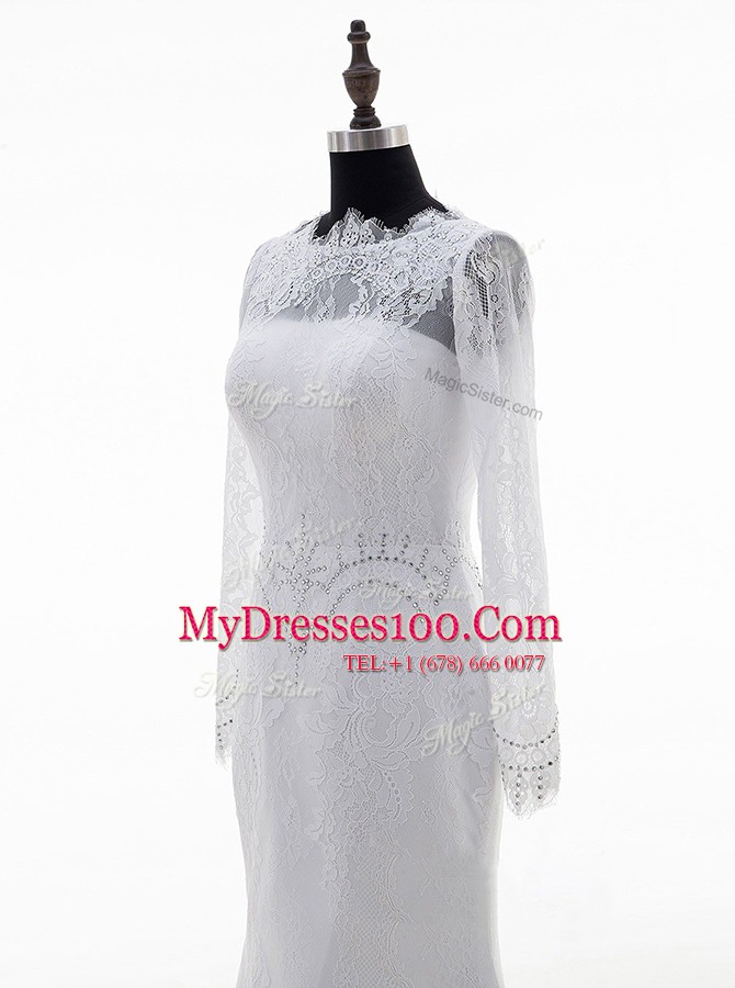 Stunning Lace White Long Sleeves With Train Appliques Zipper Bridal Gown