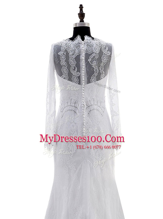 Stunning Lace White Long Sleeves With Train Appliques Zipper Bridal Gown