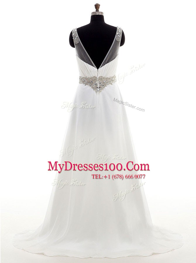 White Zipper Wedding Dresses Beading Sleeveless With Brush Train