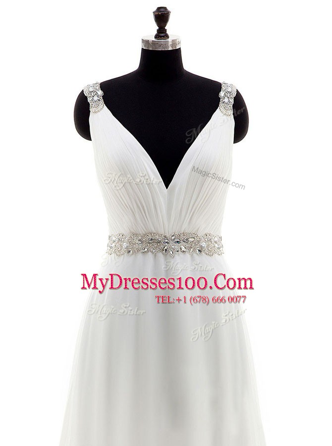 White Zipper Wedding Dresses Beading Sleeveless With Brush Train
