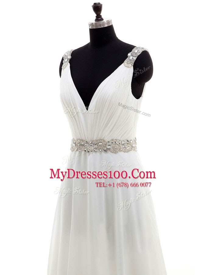 White Zipper Wedding Dresses Beading Sleeveless With Brush Train