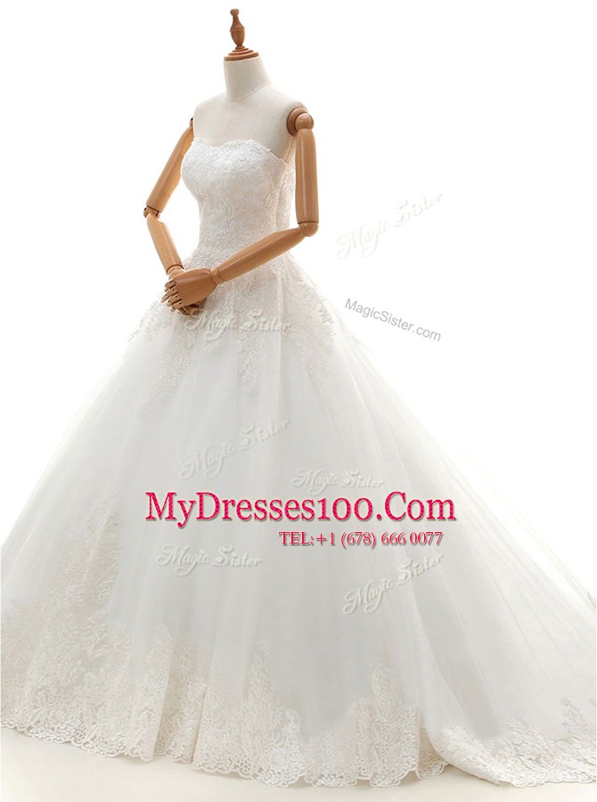 Flare Sweetheart Sleeveless Tulle Bridal Gown Lace and Appliques Brush Train Lace Up