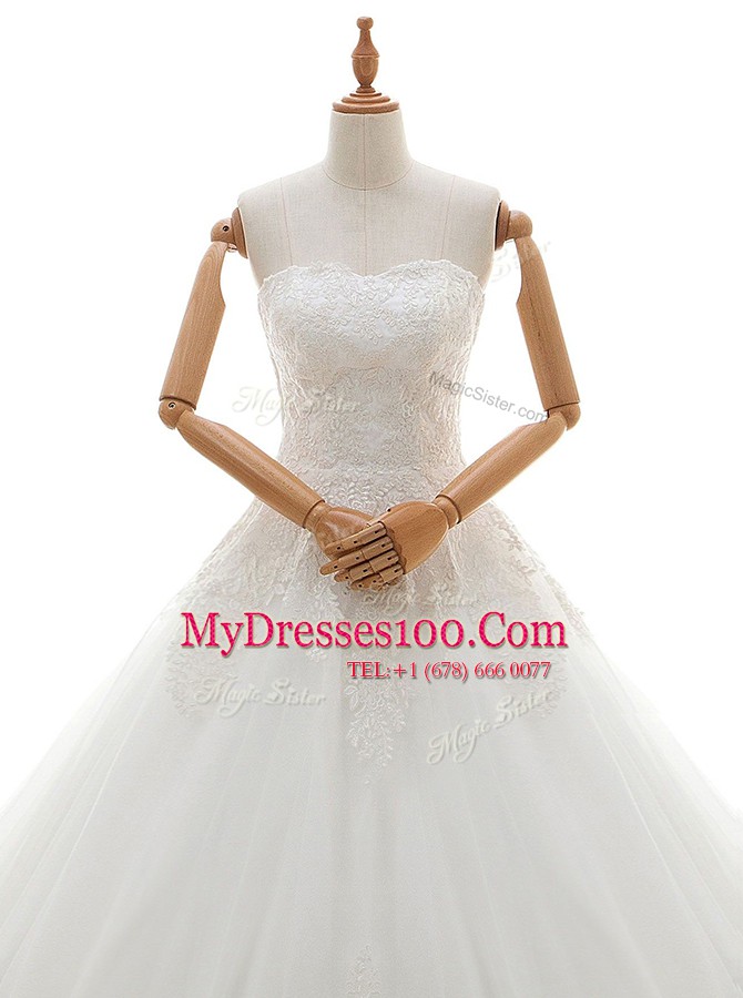 Flare Sweetheart Sleeveless Tulle Bridal Gown Lace and Appliques Brush Train Lace Up
