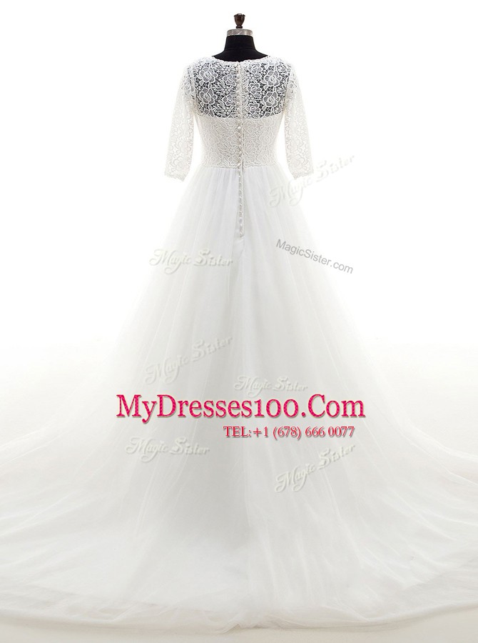 Ideal Scoop Half Sleeves Tulle Wedding Gown Lace Brush Train Clasp Handle