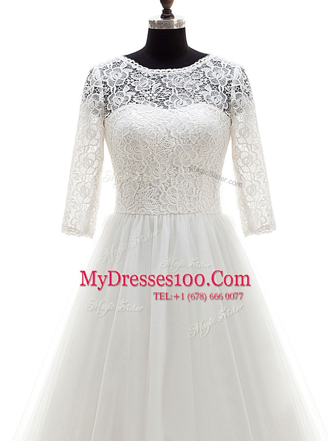 Ideal Scoop Half Sleeves Tulle Wedding Gown Lace Brush Train Clasp Handle