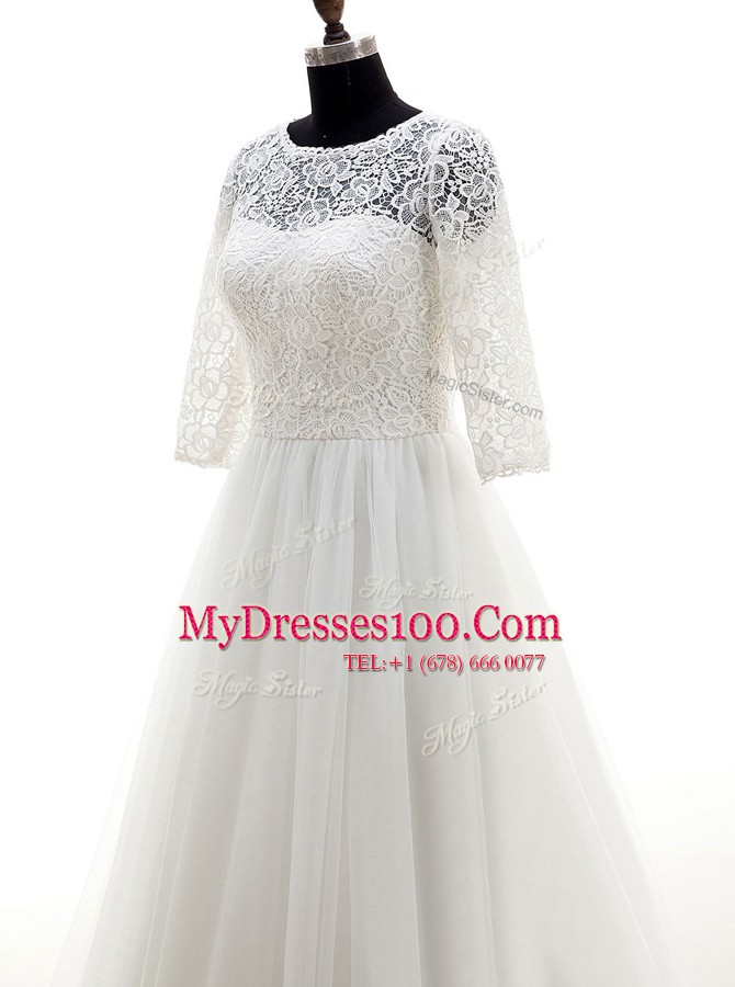 Ideal Scoop Half Sleeves Tulle Wedding Gown Lace Brush Train Clasp Handle