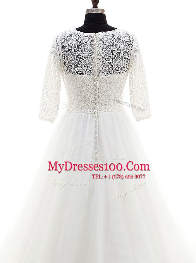 Ideal Scoop Half Sleeves Tulle Wedding Gown Lace Brush Train Clasp Handle