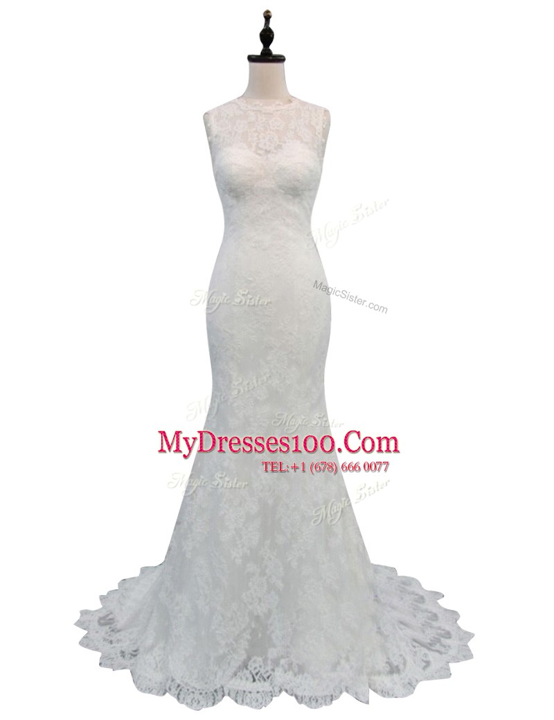 Fabulous Mermaid White High-neck Backless Lace Wedding Dress Brush Train Sleeveless