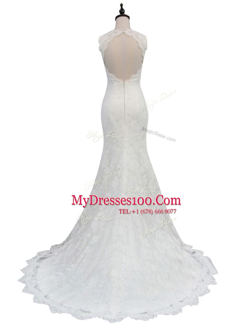 Fabulous Mermaid White High-neck Backless Lace Wedding Dress Brush Train Sleeveless