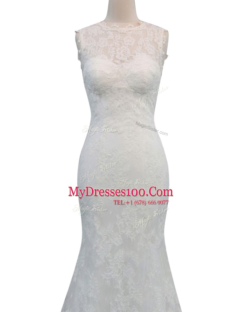 Fabulous Mermaid White High-neck Backless Lace Wedding Dress Brush Train Sleeveless