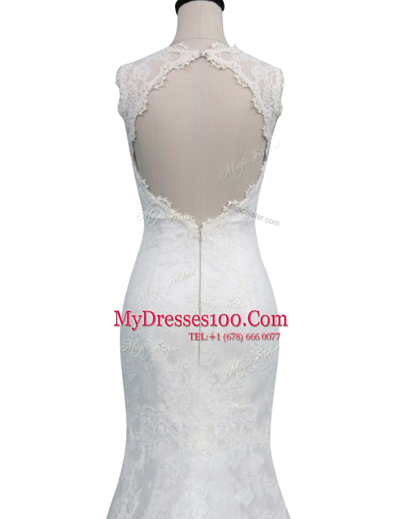 Fabulous Mermaid White High-neck Backless Lace Wedding Dress Brush Train Sleeveless