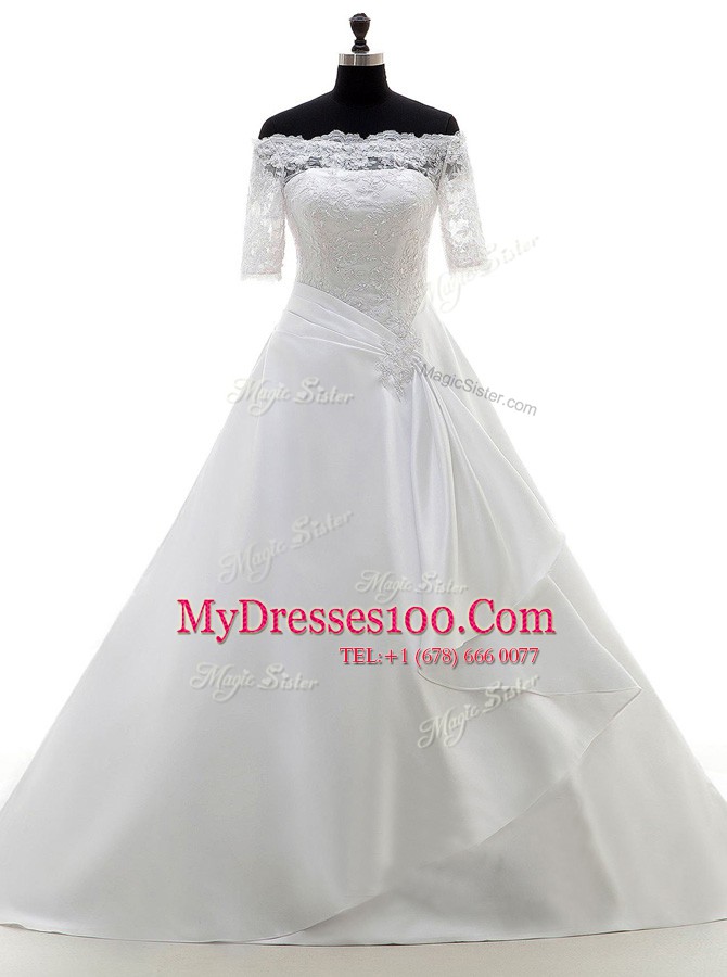Smart Clasp Handle Off The Shoulder Half Sleeves Wedding Dresses With Brush Train Lace White Satin