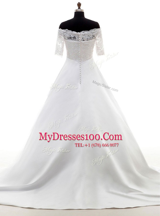 Smart Clasp Handle Off The Shoulder Half Sleeves Wedding Dresses With Brush Train Lace White Satin