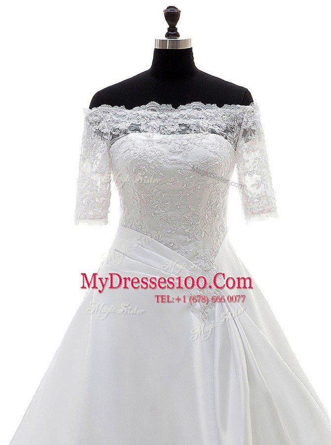 Smart Clasp Handle Off The Shoulder Half Sleeves Wedding Dresses With Brush Train Lace White Satin