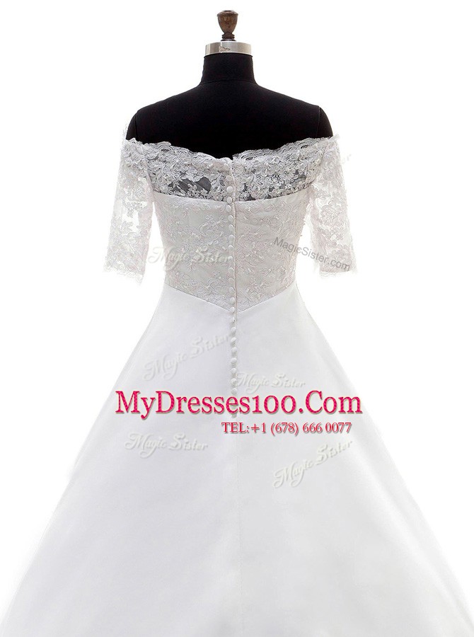 Smart Clasp Handle Off The Shoulder Half Sleeves Wedding Dresses With Brush Train Lace White Satin