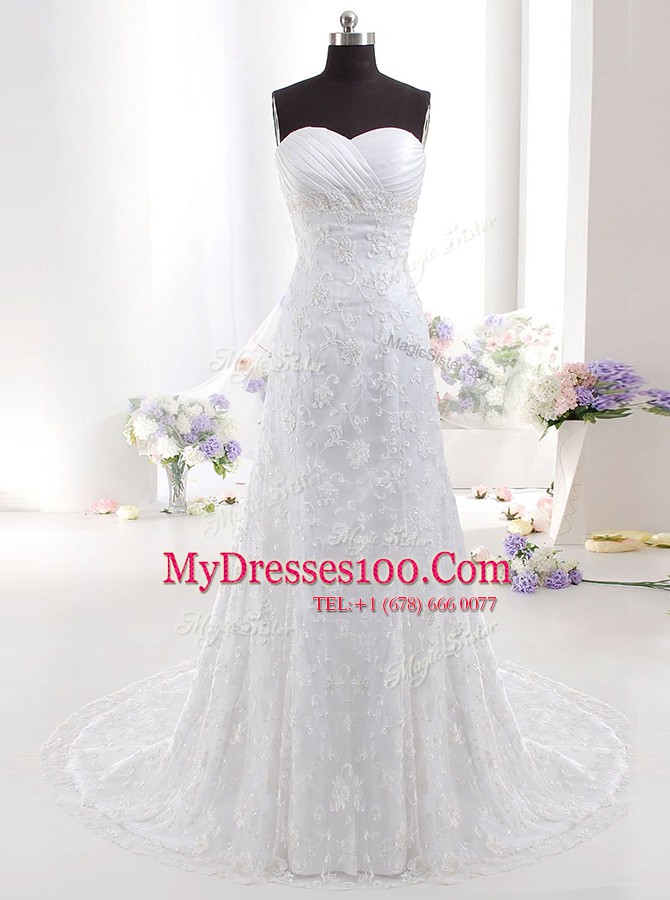 Adorable White Lace Clasp Handle Sweetheart Sleeveless With Train Wedding Gowns Brush Train Beading and Lace