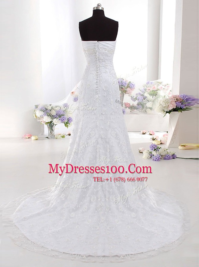 Adorable White Lace Clasp Handle Sweetheart Sleeveless With Train Wedding Gowns Brush Train Beading and Lace