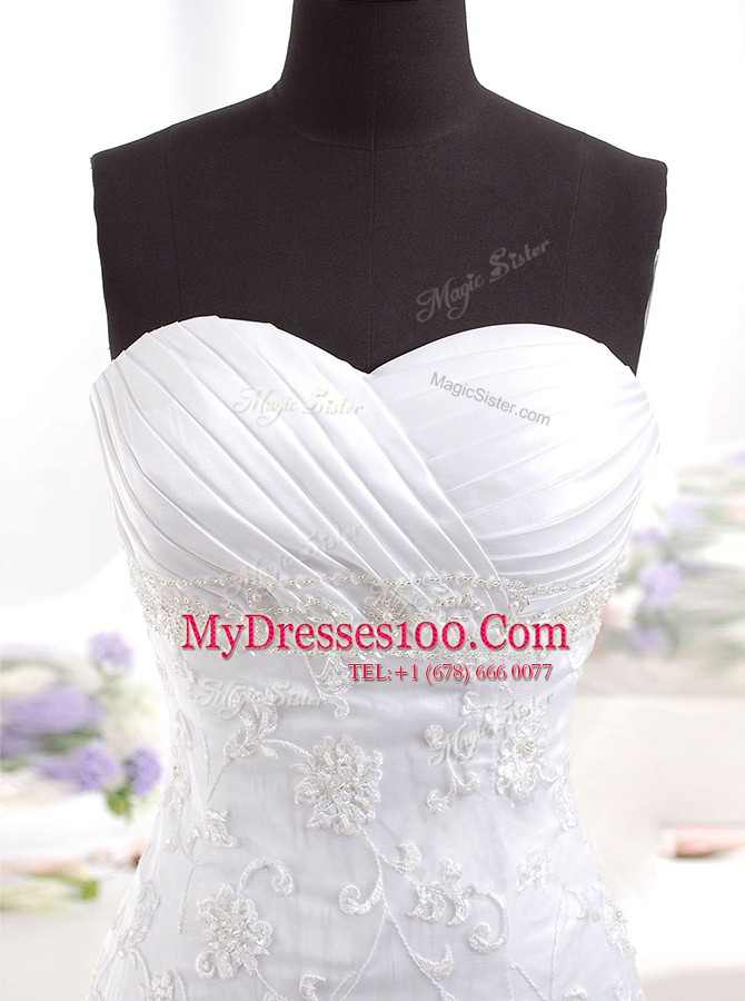 Adorable White Lace Clasp Handle Sweetheart Sleeveless With Train Wedding Gowns Brush Train Beading and Lace