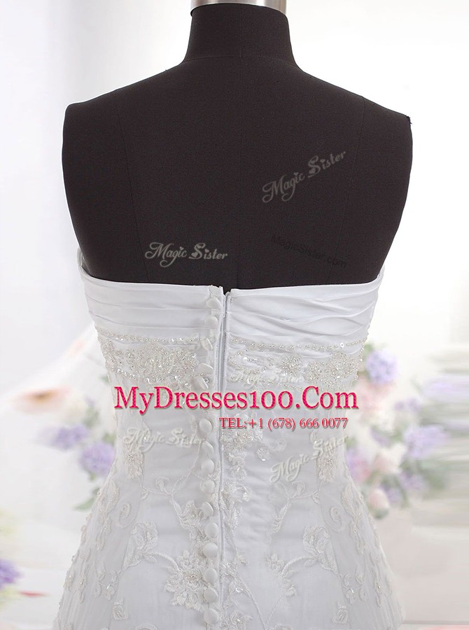 Adorable White Lace Clasp Handle Sweetheart Sleeveless With Train Wedding Gowns Brush Train Beading and Lace