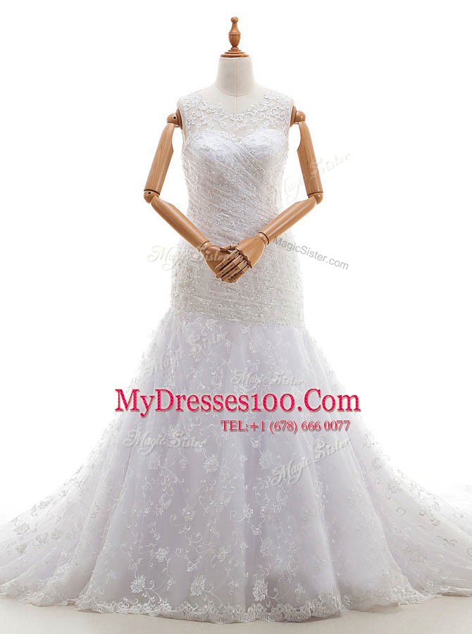 Scoop With Train White Bridal Gown Lace Court Train Sleeveless Lace and Ruching