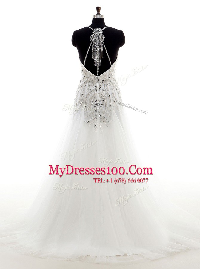 White Column/Sheath Beading Wedding Gown Criss Cross Tulle Sleeveless With Train