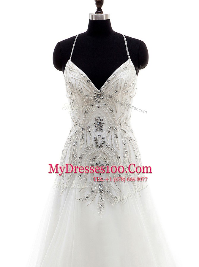 White Column/Sheath Beading Wedding Gown Criss Cross Tulle Sleeveless With Train