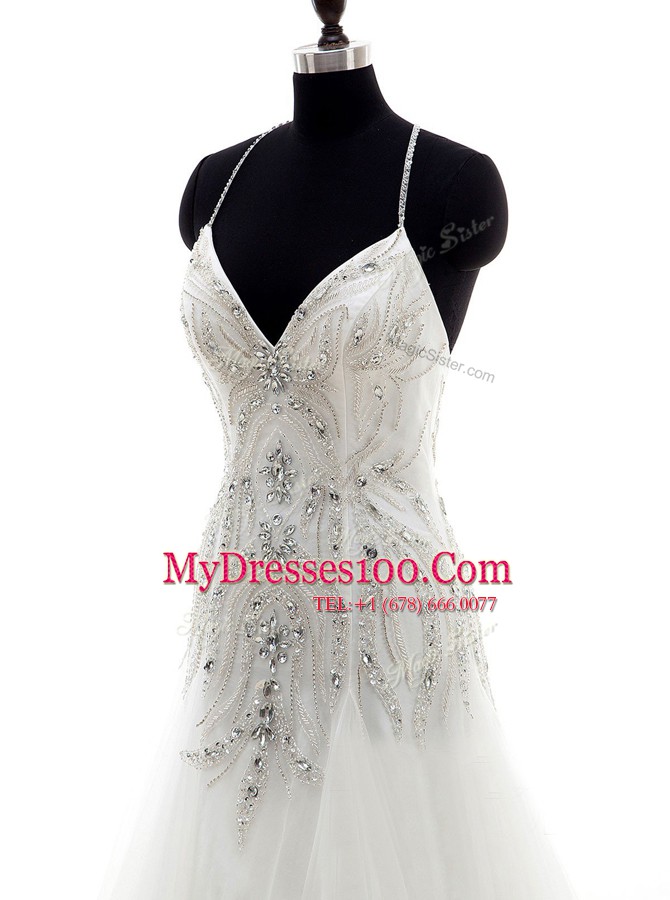 White Column/Sheath Beading Wedding Gown Criss Cross Tulle Sleeveless With Train