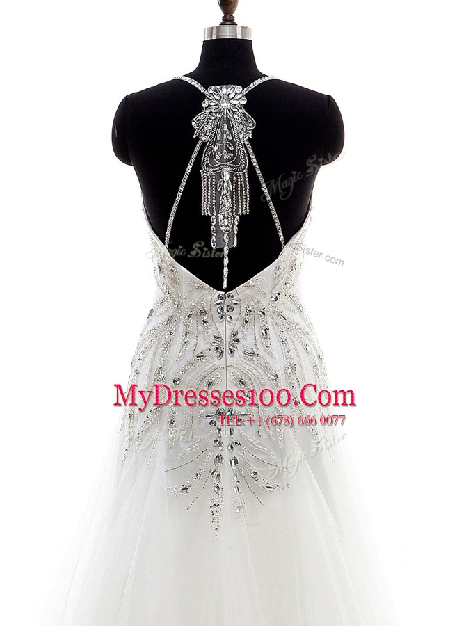 White Column/Sheath Beading Wedding Gown Criss Cross Tulle Sleeveless With Train