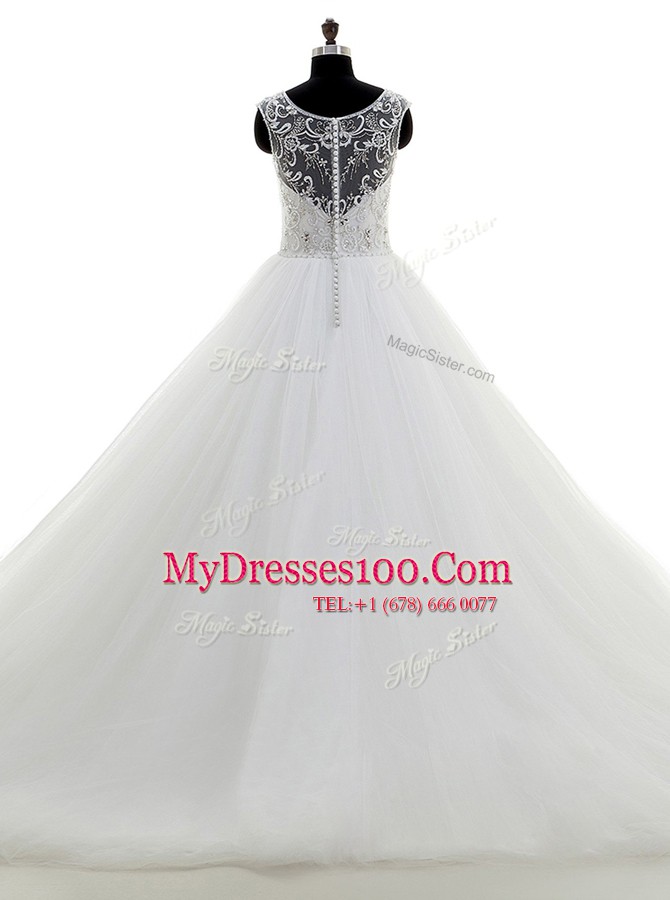 Scoop Tulle Sleeveless With Train Wedding Dresses Brush Train and Beading