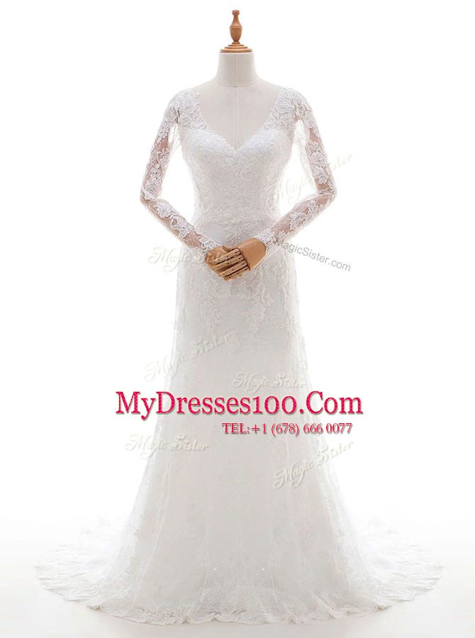 Graceful V-neck Long Sleeves Lace Wedding Dresses Lace and Appliques Brush Train Lace Up
