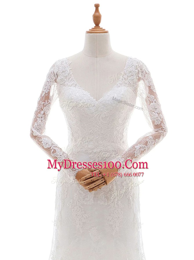 Graceful V-neck Long Sleeves Lace Wedding Dresses Lace and Appliques Brush Train Lace Up