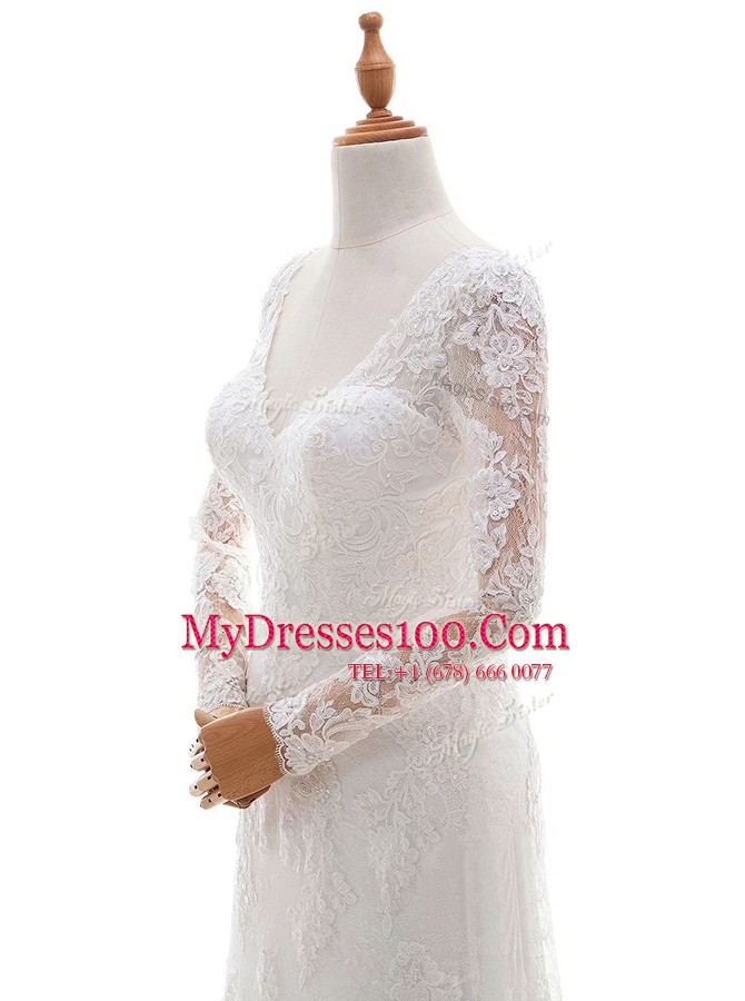 Graceful V-neck Long Sleeves Lace Wedding Dresses Lace and Appliques Brush Train Lace Up