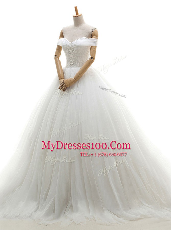 Extravagant Off the Shoulder Sleeveless Tulle With Train Chapel Train Lace Up Wedding Dress in White with Ruching