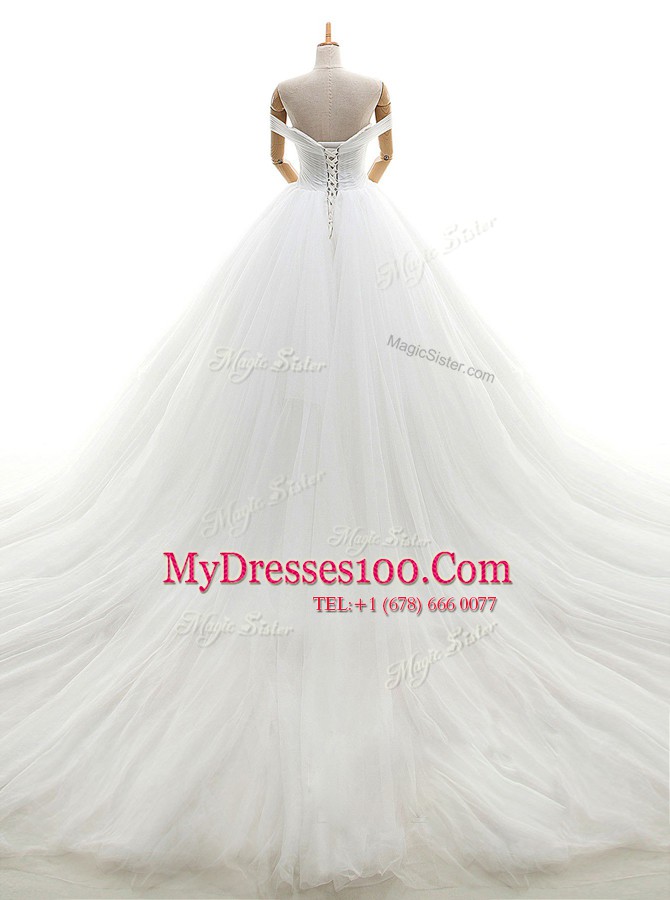 Extravagant Off the Shoulder Sleeveless Tulle With Train Chapel Train Lace Up Wedding Dress in White with Ruching