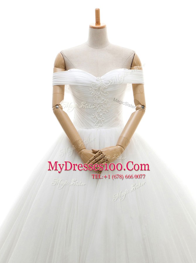 Extravagant Off the Shoulder Sleeveless Tulle With Train Chapel Train Lace Up Wedding Dress in White with Ruching